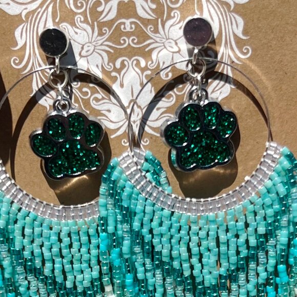 Handmade Beaded Long Fringe Paw Love Dangle Drop Lightweight Post Hoop Earrings - Picture 5 of 10